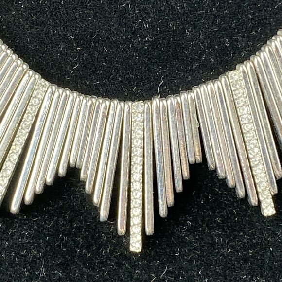 Vintage Silver Tone Rhinestone Brutalist Art Deco Bib Necklace Metal Fringe - Picture 2 of 7